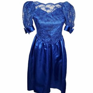 VINTAGE dress royal blue puff sleeve lace formal high low bow kids 14‎